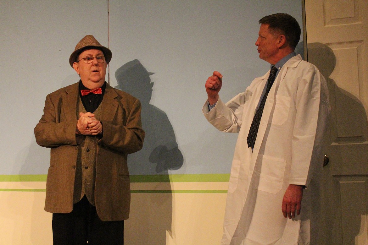 Elwood P. Dowd (Dave Stearns), left, gives some advice to a disapproving Dr. Sanderson (Greg Becker), right.  The Masquers production of “Harvey” opens next week.