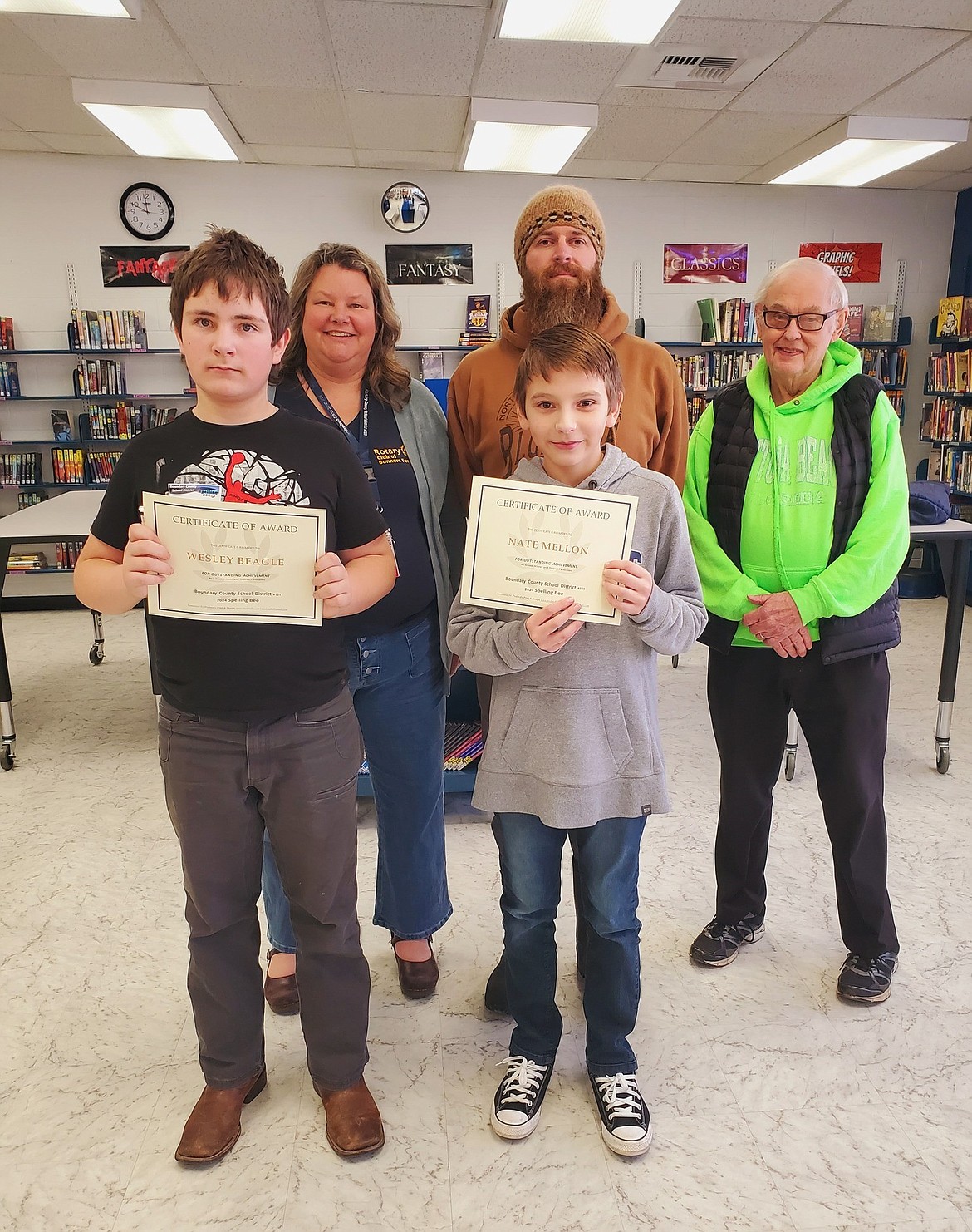 Seventh grader top spellers, (left) Wesley Beagle, first place, and Nate Mellon, second place.