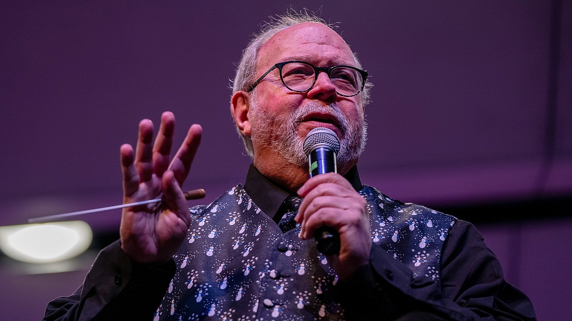 NIC Music Professor Terry Jones speaks onstage at NIC’s Sounds of Christmas concert on Dec. 9 at the Boswell Hall Schuler Performing Arts Center on NIC’s Coeur d’Alene campus.