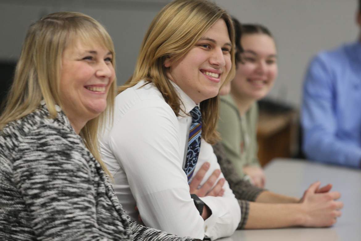 Lakeland High School college and career adviser Carrie Paquette, left, and seniors Oliver Everett and Emma Marshall participate Thursday morning in a roundtable discussion with Gov. Brad Little.