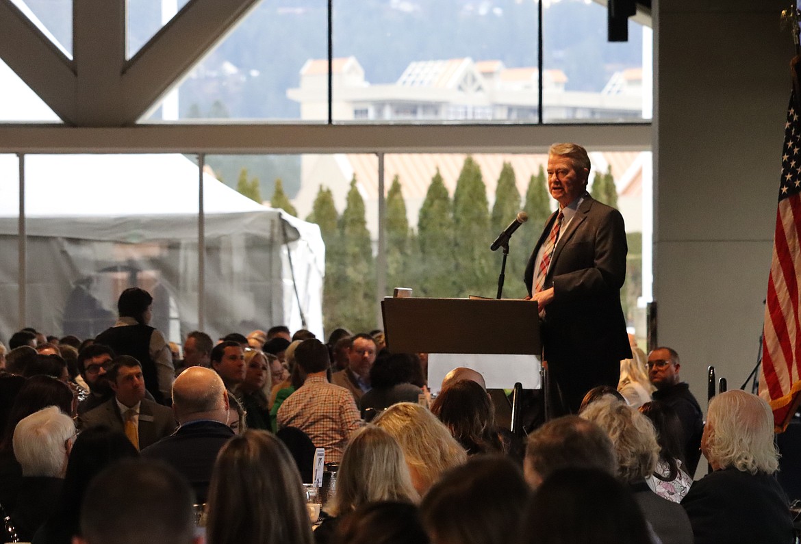 Gov. Brad Little speaks on Thursday in Coeur d'Alene.