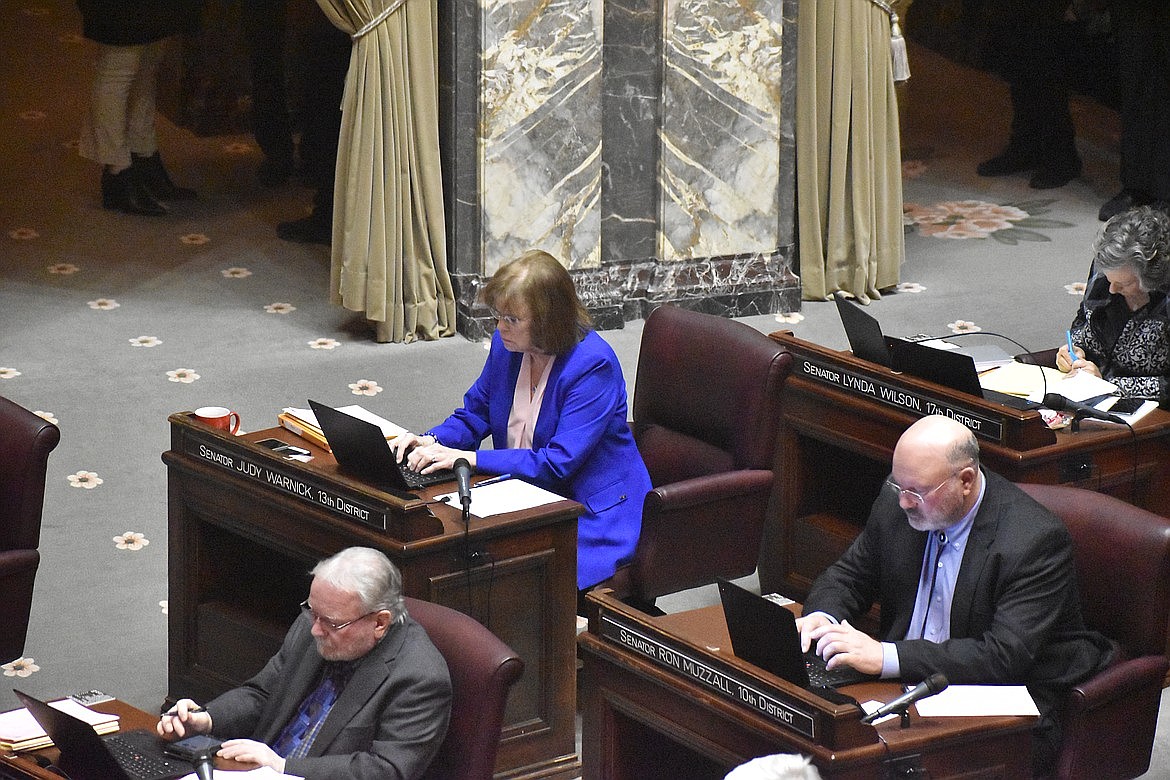 Sen. Judy Warnick, R-Moses Lake, in blue, works at her desk on the Senate Floor in Olympia during the 2023 legislative session. This year, one of Warnick's bills supporting cooperation between nonprofits and state offices has received bipartisan support in the state senate.