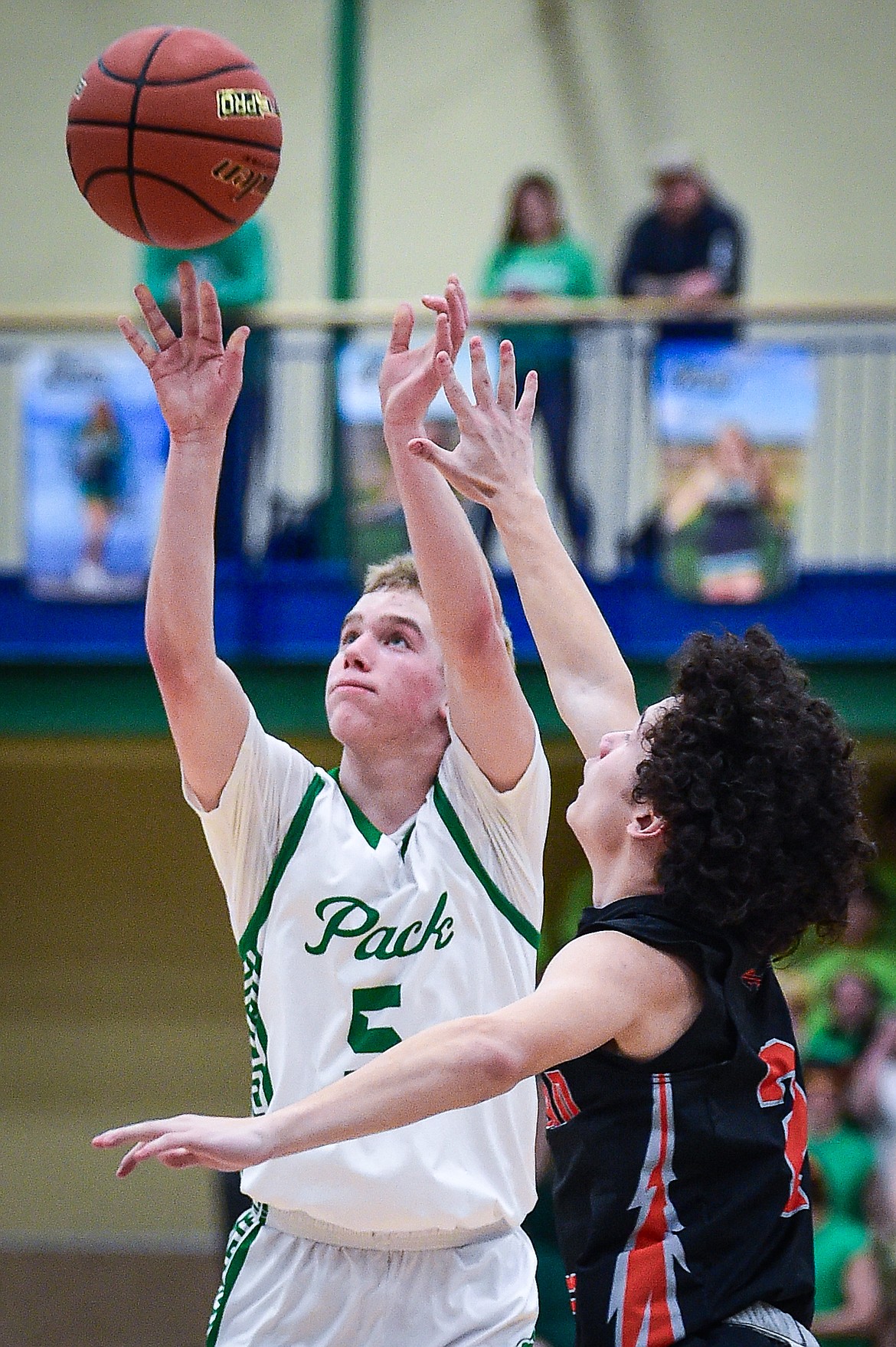 Glacier's Easton Kauffman (5) shoots in the first half against Flathead at Glacier High School on Thursday, Feb. 1. (Casey Kreider/Daily Inter Lake)