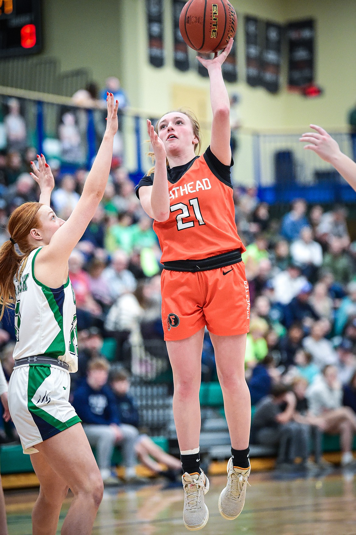 Flathead's Harlie Roth (21) drives to the basket in the second half against Glacier at Glacier High School on Thursday, Feb. 1. (Casey Kreider/Daily Inter Lake)