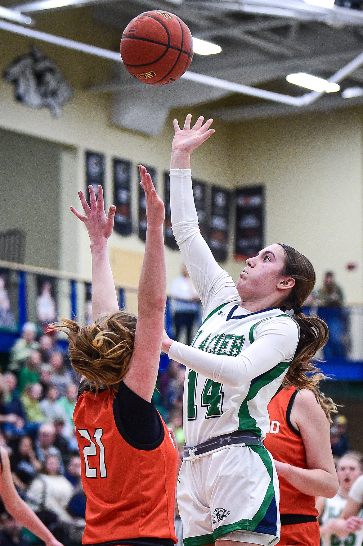 Glacier's Karley Allen (14) goes to the basket in the first half against Flathead at Glacier High School on Thursday, Feb. 1. (Casey Kreider/Daily Inter Lake)\