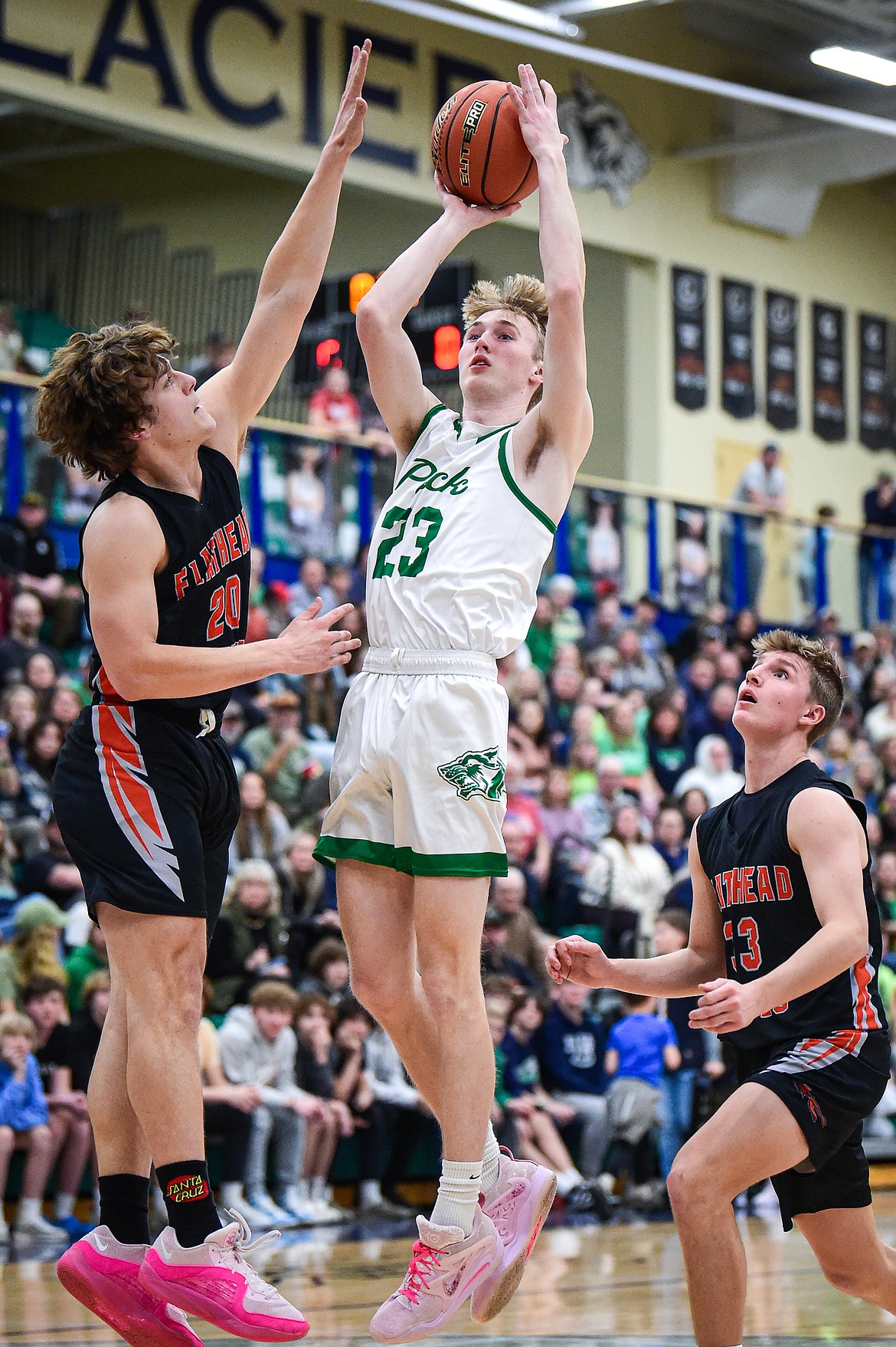 Glacier's Jackson Endresen (23) drives to the basket in the first half against Flathead at Glacier High School on Thursday, Feb. 1. (Casey Kreider/Daily Inter Lake)