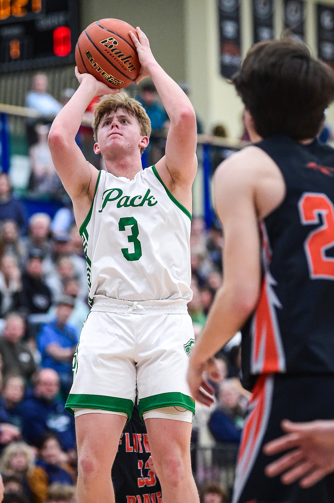 Glacier's Luke NIkunen (3) shoots in the first half against Flathead at Glacier High School on Thursday, Feb. 1. (Casey Kreider/Daily Inter Lake)