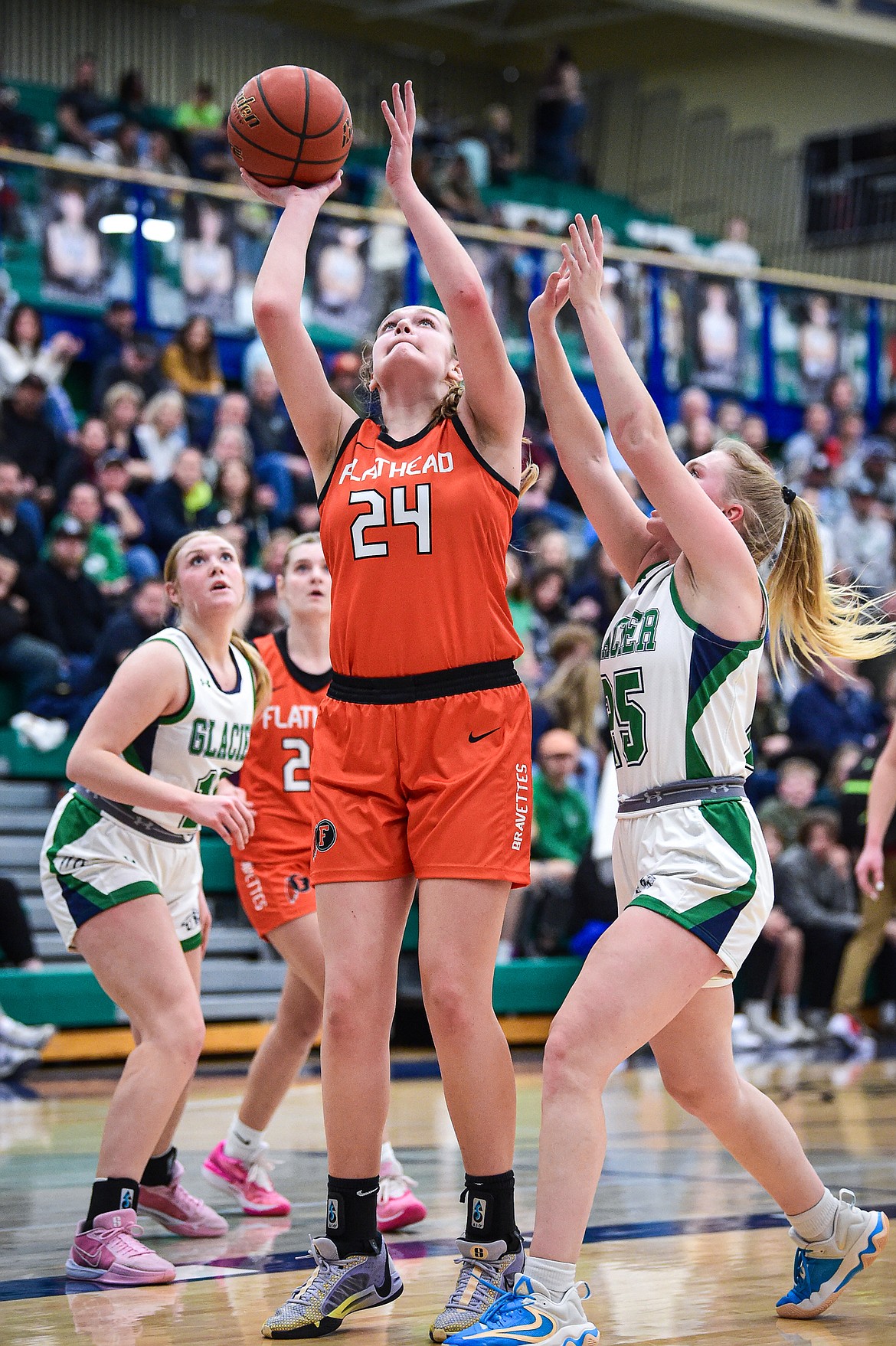 Flathead's Mattie Thompson (24) shoots in the second half against Glacier at Glacier High School on Thursday, Feb. 1. (Casey Kreider/Daily Inter Lake)