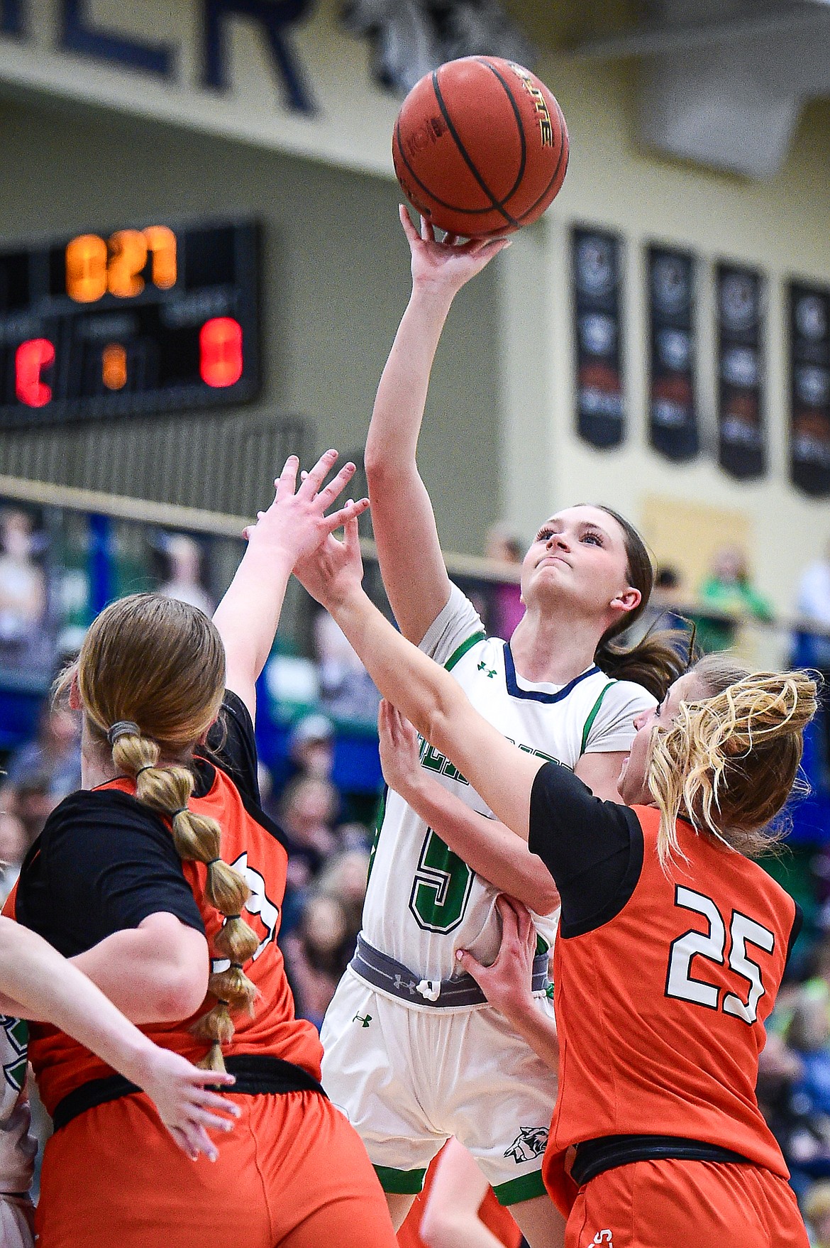 Glacier's Kiera Sullivan (5) drives to the basket in the first quarter against Flathead at Glacier High School on Thursday, Feb. 1. (Casey Kreider/Daily Inter Lake)