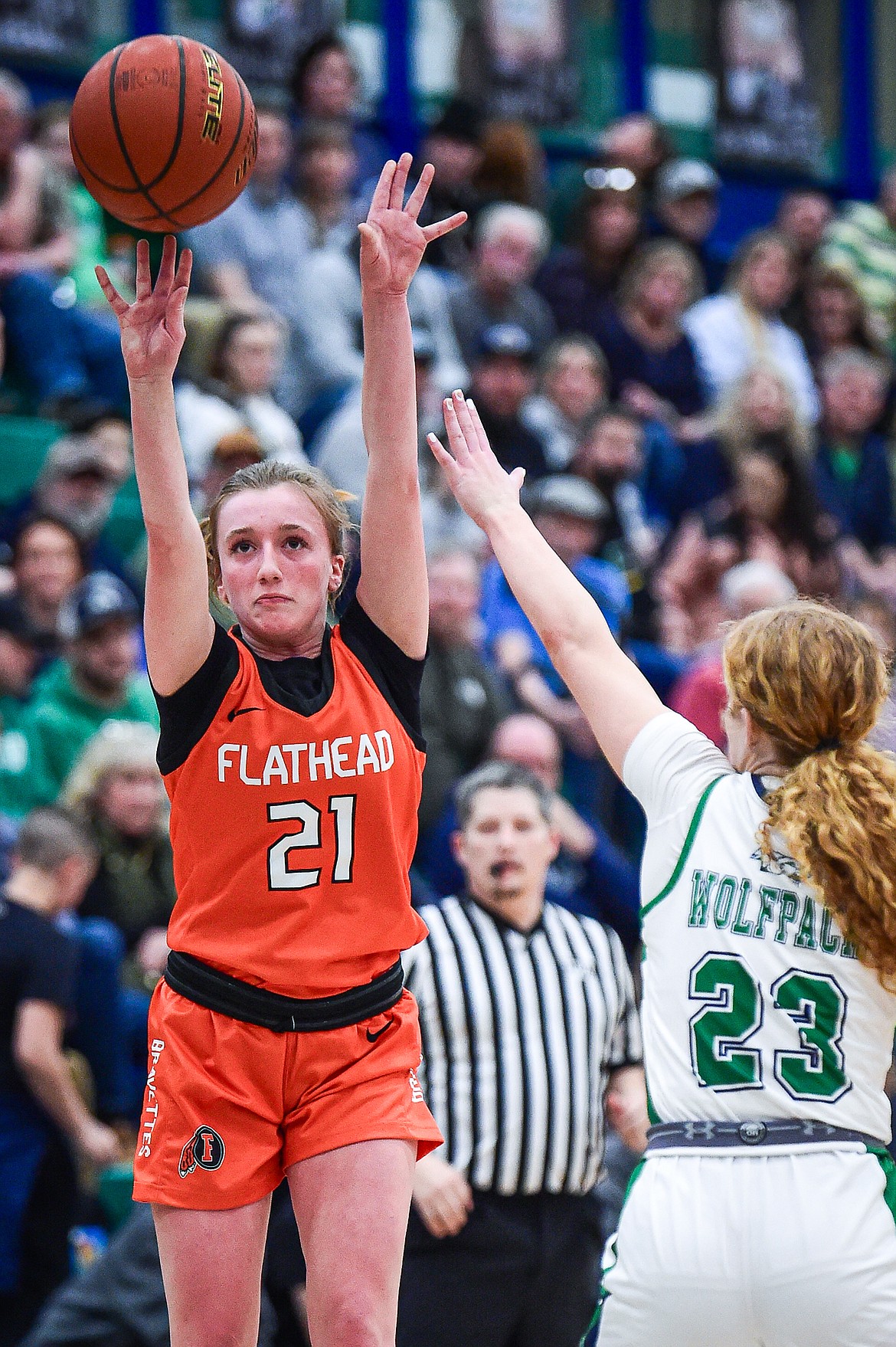 Flathead's Harlie Roth (21) shoots in the second half against Glacier at Glacier High School on Thursday, Feb. 1. (Casey Kreider/Daily Inter Lake)