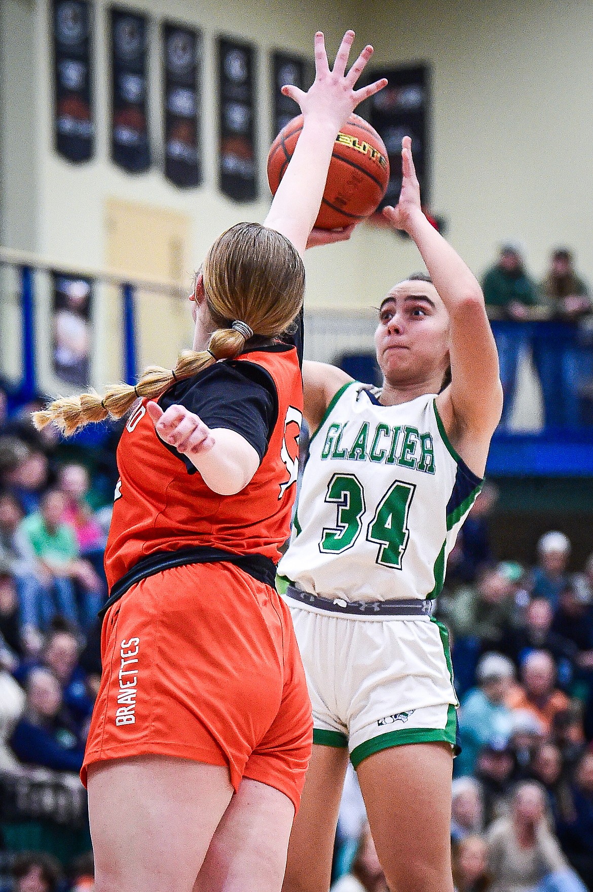 Glacier's Madison Terry (34) shoots in the first half against Flathead at Glacier High School on Thursday, Feb. 1. (Casey Kreider/Daily Inter Lake)