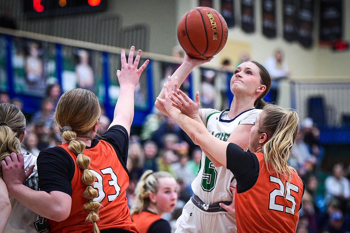 Glacier's Kiera Sullivan (5) drives to the basket in the first quarter against Flathead at Glacier High School on Thursday, Feb. 1. (Casey Kreider/Daily Inter Lake)