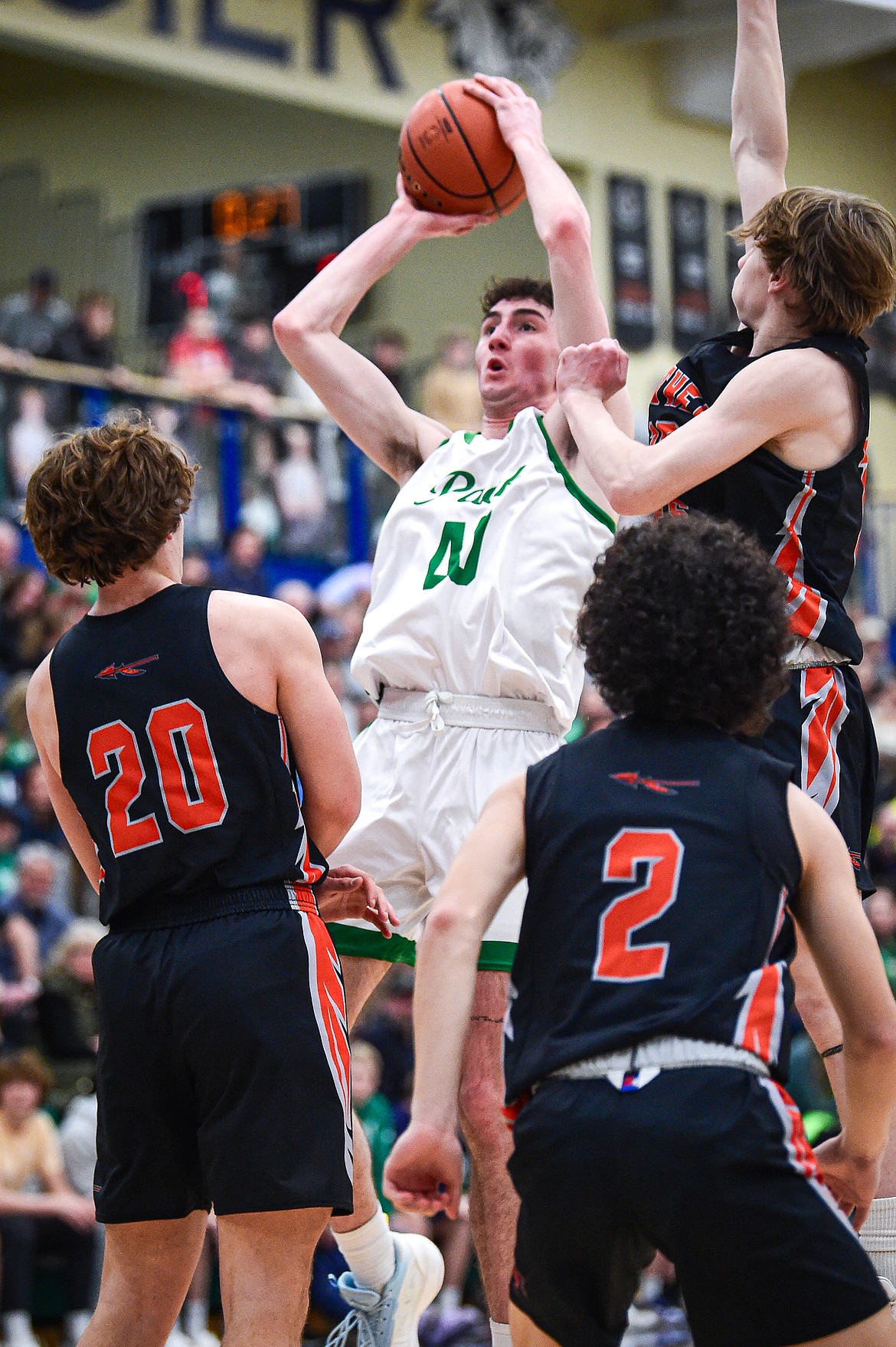Glacier's Noah Cummings (40) drives into the lane and shoots against Flathead at Glacier High School on Thursday, Feb. 1. (Casey Kreider/Daily Inter Lake)