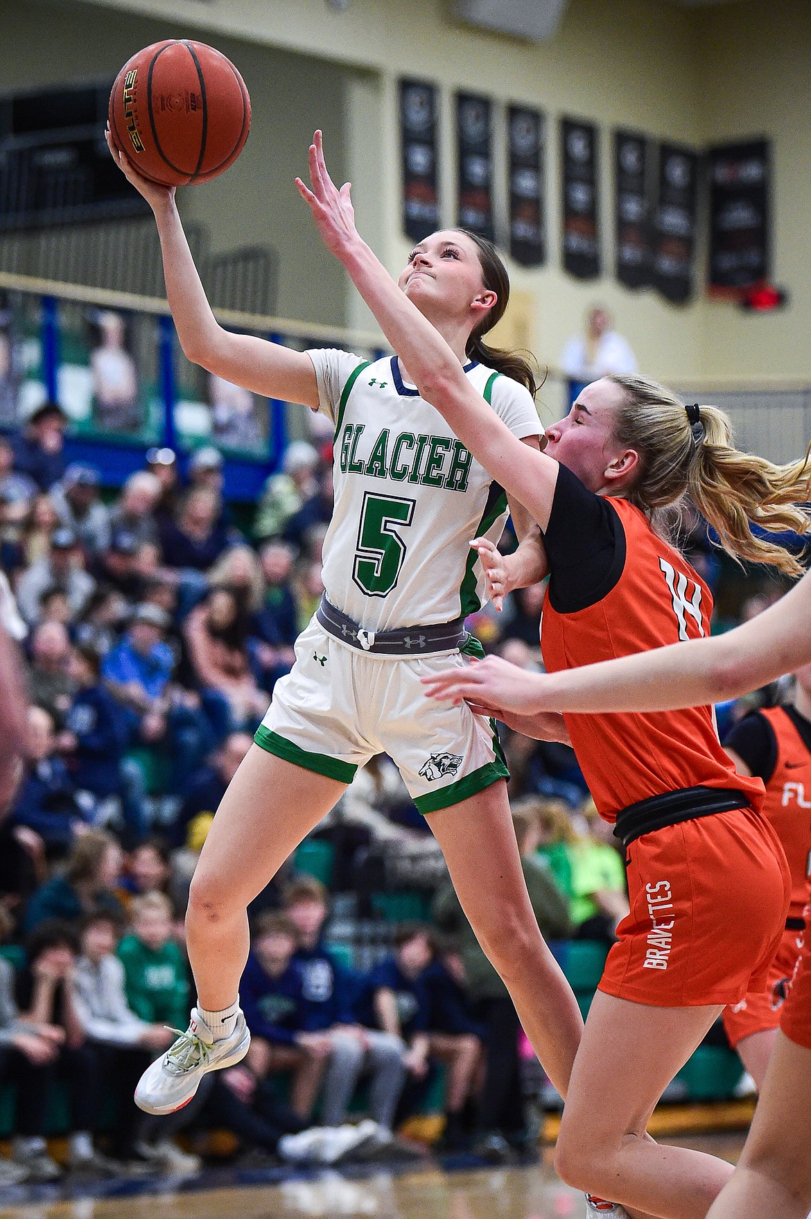 Glacier's Kiera Sullivan (5) drives to the basket in the first quarter against Flathead at Glacier High School on Thursday, Feb. 1. (Casey Kreider/Daily Inter Lake)