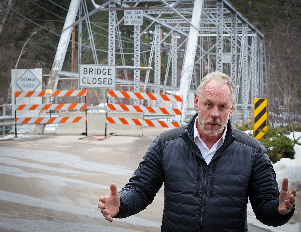 U.S. Rep. Ryan Zinke (R-Montana) discusses the impacts of the closure of the Bridge Street bridge in Bigfork Friday, Feb. 2, 2024. (Jeremy Weber/Bigfork Eagle)
