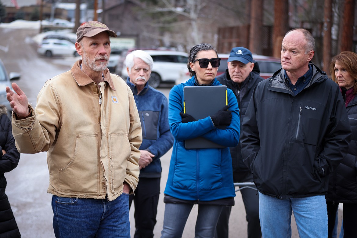 Flathead County Public Works Director Dave Prunty, (left) along with county engineer Bethany Kappes (middle) and Montana Department of Transportation chief engineer Dustin Rouse meet with Bigfork citizens concerned about the closing of the Bridge Street bridge Friday, Fab. 2, 2024. (Jeremy Weber/Bigfork Eagle)