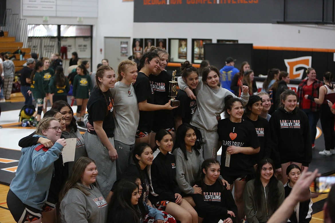 Ephrata wrestlers celebrate after winning the Girls 2A/1A/B District 6 Sub-Regional team title.