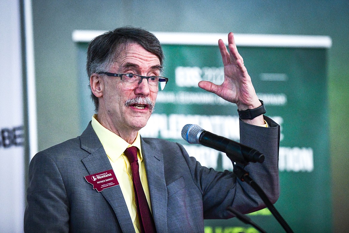 Patrick Barkey, director of University of Montana's Bureau of Business and Economic Research, speaks during the 49th annual Economic Outlook Seminar on Montana's Economic Performance and Green Energy at the Wachholz College Center at Flathead Valley Community College on Tuesday, Feb. 6. (Casey Kreider/Daily Inter Lake)