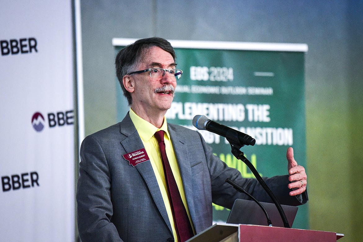 Patrick Barkey, director of University of Montana's Bureau of Business and Economic Research, speaks during the 49th annual Economic Outlook Seminar on Montana's Economic Performance and Green Energy at the Wachholz College Center at Flathead Valley Community College on Tuesday, Feb. 6. (Casey Kreider/Daily Inter Lake)