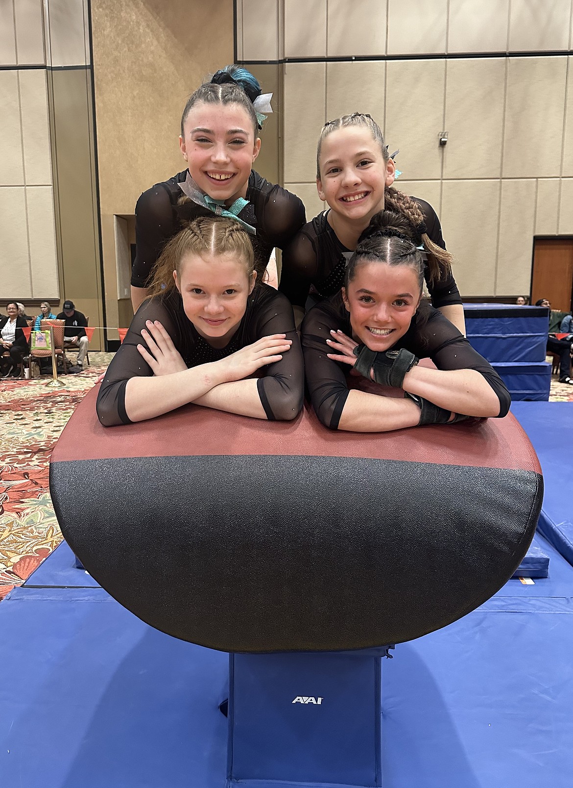 Courtesy photo
Avant Coeur Gymnastics Level 8s take 1st Place Team at the Brestyan's Invitational in Las Vegas. In the front row from left are Eva Martin and Kate Mauch; and back row from left, Sage Kermelis and Kaylee Strimback.