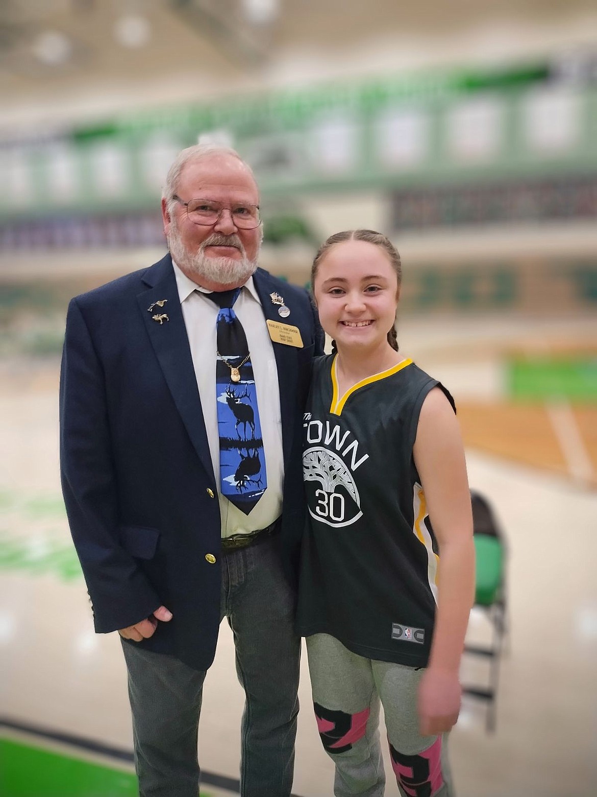 Courtesy photo
Eva Berzoza, right, poses with Harley Birchmier, Idaho State Hoop Shoot Director, after she won the State Elks Hoop Shoot recently at Blackfoot High School. Eva, 13, of Coeur d'Alene, made 20 of 25 free throws to win the girls 12-13 age division. Before that, Eva won the District Elks Hoop Shoot in Kellogg on Jan. 20. Eva, a seventh grader at Lakes Middle School, will advance to the Regional Elks Hoop Shoot in Pasco, Wash., March 16.