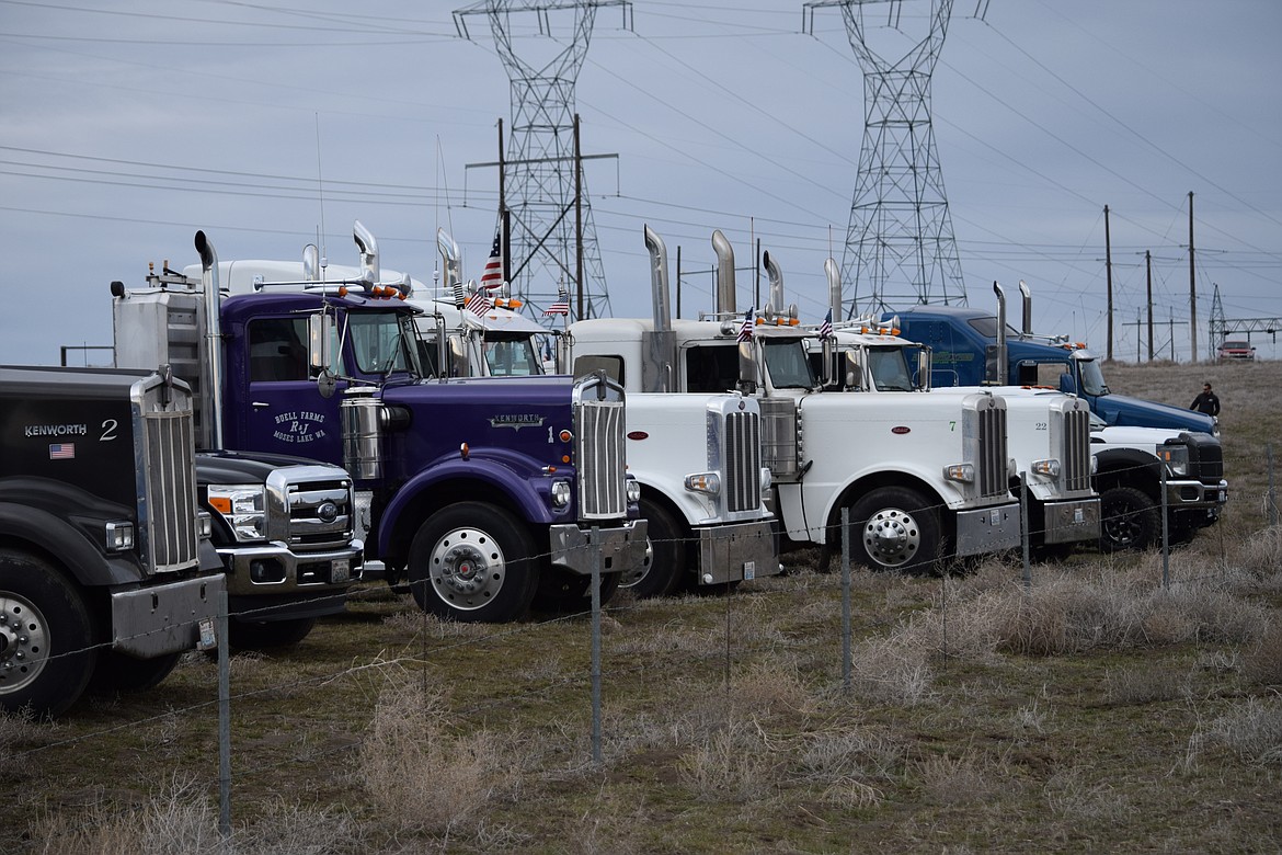 Trucks parked at the Freedom Ride and Rally west of Moses Lake in February of 2022. The Mattawa City Council voted to strike the amended regulation allowing unloaded transport vehicles such as the pictured trucks to park on residential and arterial streets in Mattawa. Parking large vehicles can inhibit the flow of traffic and cause problems for residents.