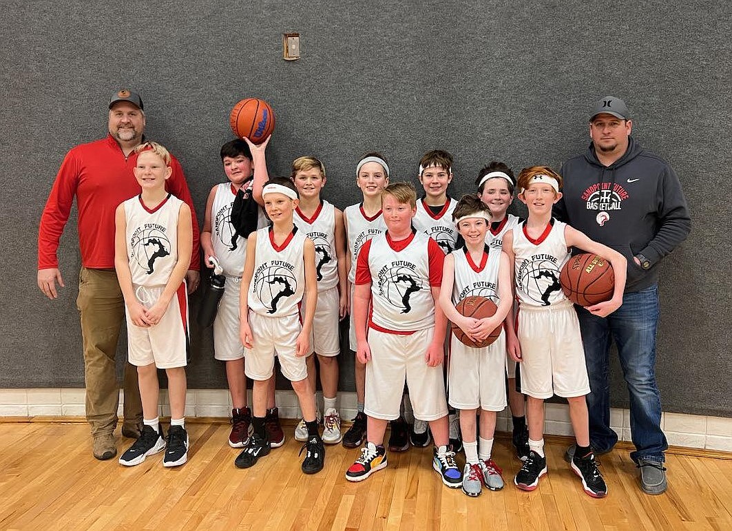 The Sandpoint Future 5th grade boys basketball team is all smiles after finishing third at Flathead Hoopfest Tournament this past weekend. Back row, players, from left, Ethan Garza, Brady Yarbrough, Kaleb Bogadi, Felix Carlson, and Miller Emch. Front row, from left, Westin Bostock, Eli Haymond, Parker Bowen, Kaiden Wood, and George Downs. Not pictured, Gideon Rocke.