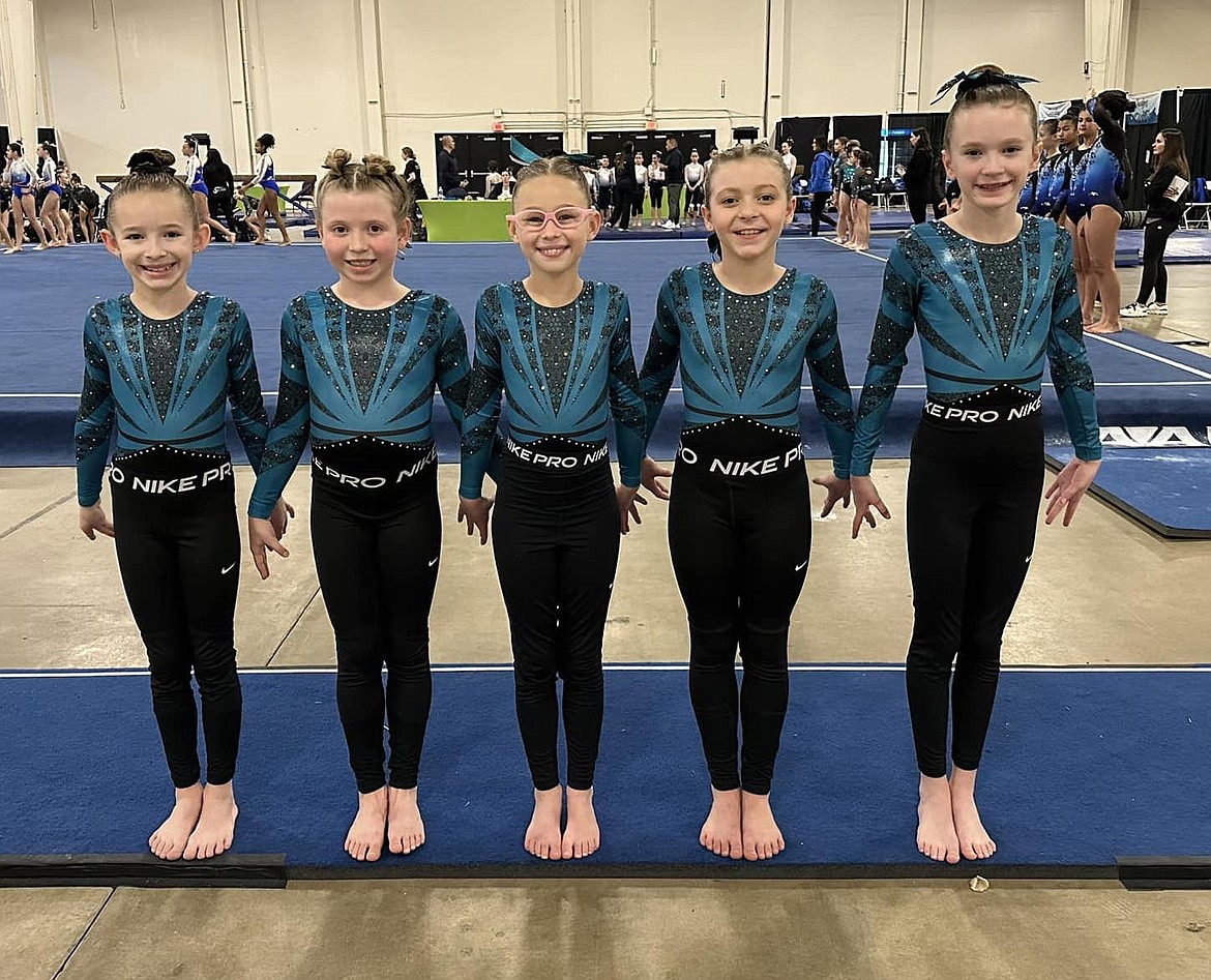 Courtesy photo
Technique Gymnastics Level 4 team traveled to Del Mar, Calif., to compete at the SCEGA California Classic. From left are Keira Williams (8.775 on FX), Stella Casey (8.775 on FX), Kaitlyn Montandon (8.6 on FX), Avalee Wargi (8.95 on FX) and Keeley Howard (9.1 on FX).