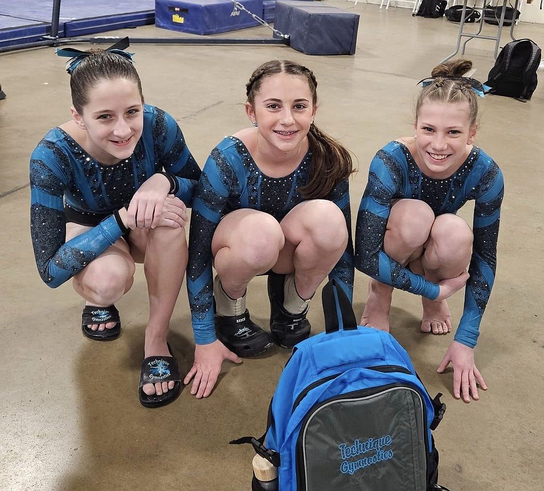 Courtesy photo
Technique Gymnastics Level 6 team traveled to Del Mar, Calif., to compete at the SCEGA California Classic. From left are Taylynn Lee (3rd on Bars), Reece Liermann (8.675 on VT & BB) and Madalynn Beggerly (2nd AA, 1st on UB & BB).