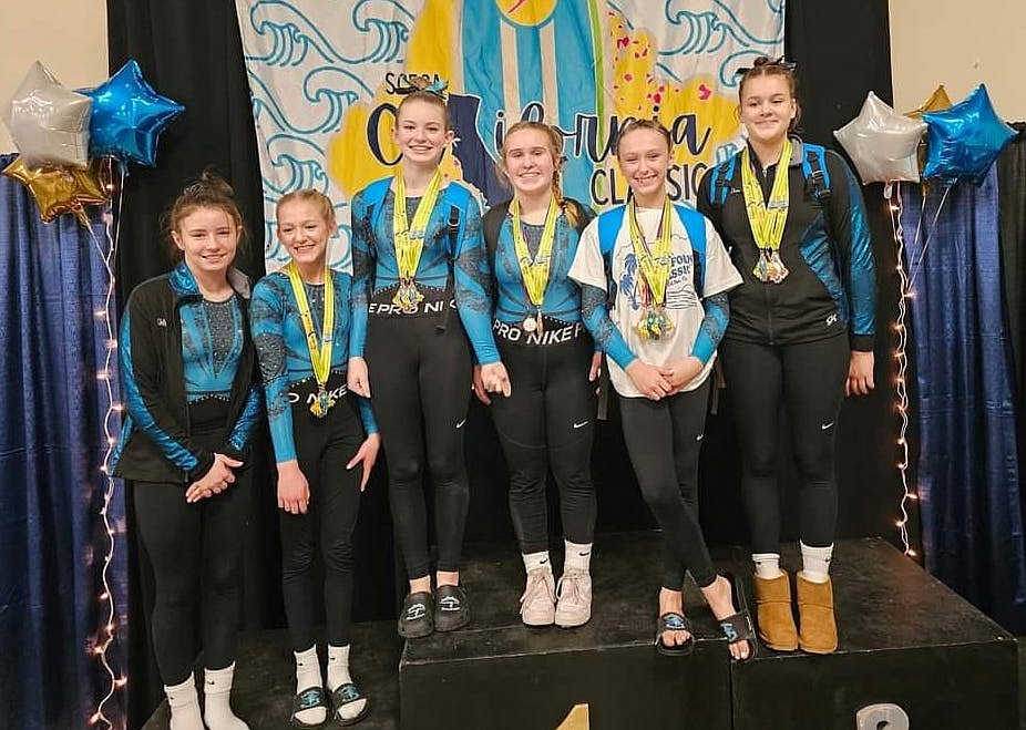 Courtesy photo
Technique Gymnastics Level 7 team traveled to Del Mar, Calif., to compete at the SCEGA California Classic. From left are Khloe Brady, Libby Huffman (8.95 on VT), Kinsley Vasquez, Shauna Clark (2nd on BB), Kendall Tryon (2nd AA, 1st on BB, 2nd on FX) and Elsa Laker (2nd on VT).