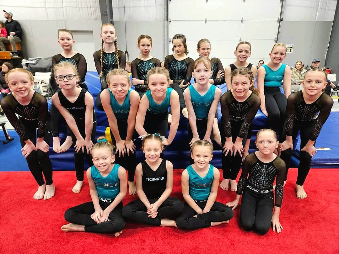 Courtesy photo
Technique Gymnastics Xcel Bronze team competed at the Winter Spirit meet in Clarkston and received 3rd place team award. In the front row from left are Payton Zimmerman (9.05 on FX), Ainsley Etheridge (9.0 on FX), Reagan Zimmerman (1st on VT) and Harmony Wurster (3rd on UB & BB); middle row from left, Rylin Carver (3rd on VT), Jenna Morrison (8.6 on VT), Elli Bennett (8.75 on FX), Autumn Turcott (3rd on VT), Aurora Cook (9.0 on VT), Raighlyn Kropf (8.9 on FX) and Camille Kingsley (1st on BB & FX); and back row from left, Violet Matlock (1st on UB), Bailey Cavallo (9.0 on FX), Matilda Krasin (8.6 on VT), Khloe Perkl (1st AA), Sage Moyer (1st on UB), Clara Stoffer (9.1 on VT & UB) and Kylie Anderson (2nd on FX).