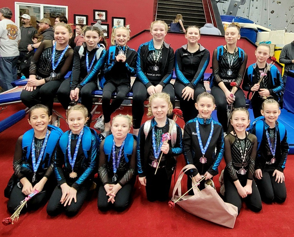 Courtesy photo
Technique Gymnastics Xcel Silver team competed at the Winter Spirit meet in Clarkston and received 3rd place team award. In the front row from left are Reese Bligh (2nd on BB), Alli Morton (9.15 on FX), Avery Dougherty (9.25 on FX), Addyson Swanson (9.05 on UB), Madison Forkner (9.3 on FX), Hadley Black Eagle-Seres (1st on BB) and Kennedy Zimmerman (9.25 on BB); and back row from left, Avery Ackerman (3rd on UB & BB), Bridgette O'Connor (2nd on FX), Adelyn Etheridge (2nd AA), Sierra Martin (3rd AA), Kenley Kuebler (2nd on UB), Emaia O'Neel (1st AA) and Everly Reed (3rd AA).