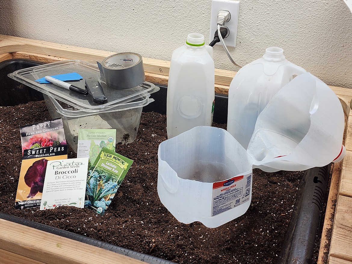 Winter sowing requires just a few planting supplies: seeds, soil, containers, duct tape, box knife, and a marker.