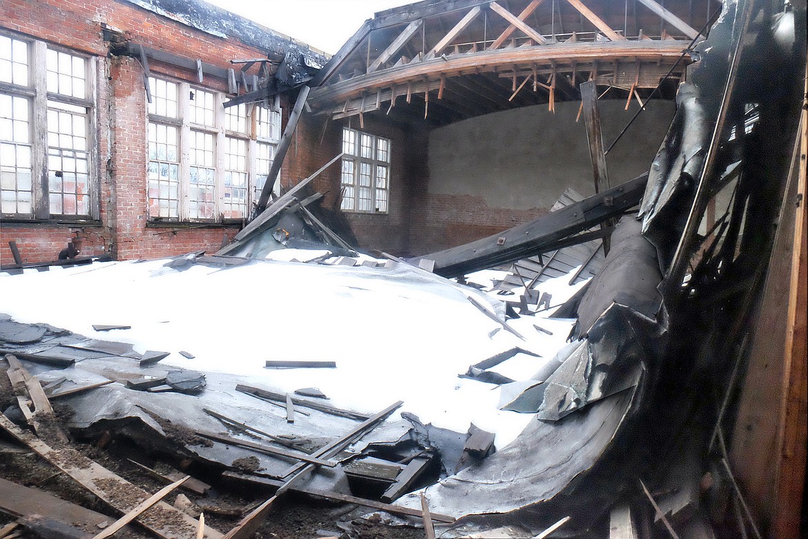 An inside look where the roof collapsed under the weight of heavy snow in 2017 at the old high school in Libby. Developers are planning to renovate the building for new apartments. (Paul Sievers/The Western News)