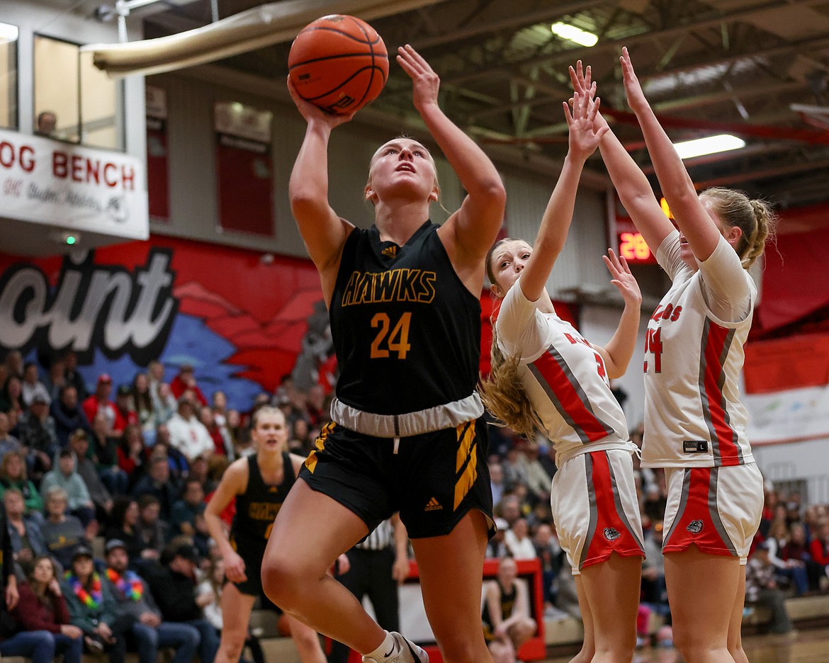 JASON DUCHOW PHOTOGRAPHY
Lakeland senior Lila Kiefer goes up for two points against Sandpoint in Game 2 of a best-of-3 series for the 4A Region 1 girls basketball title Friday night in Sandpoint.