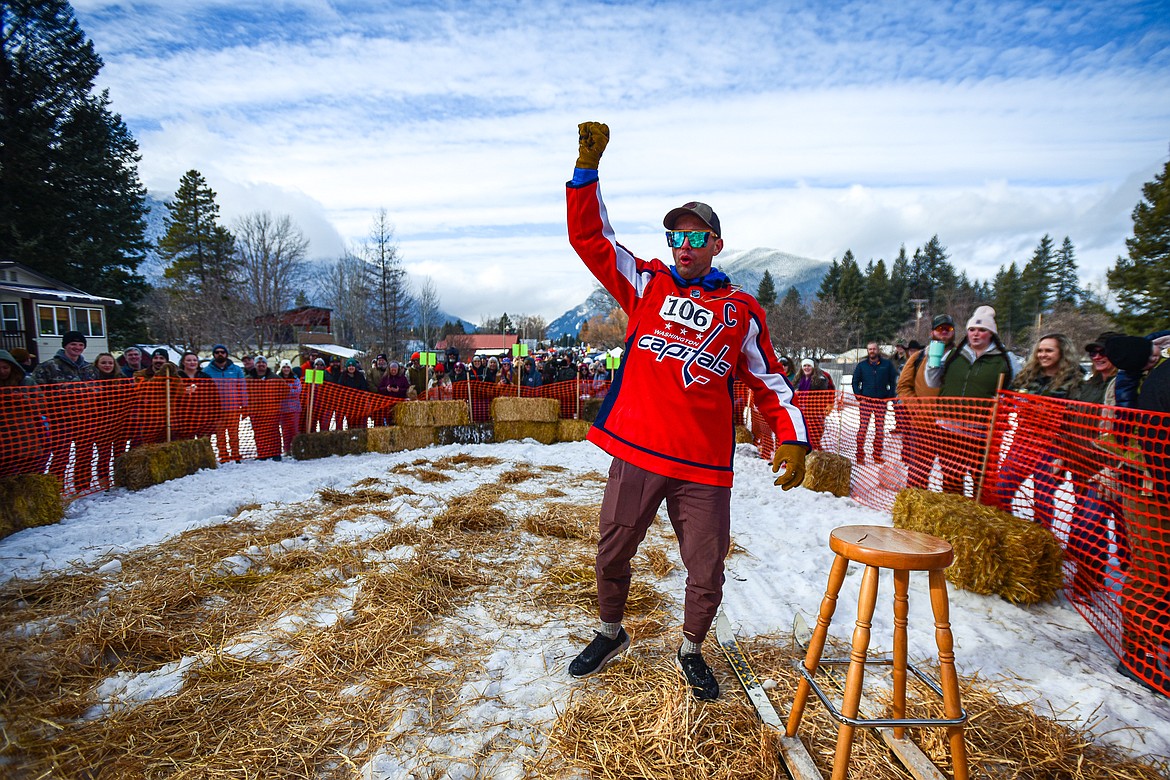 A participant celebrates after a win during the Barstool Ski Races at Cabin Fever Days in Martin City on Saturday, Feb. 10. (Casey Kreider/Daily Inter Lake)