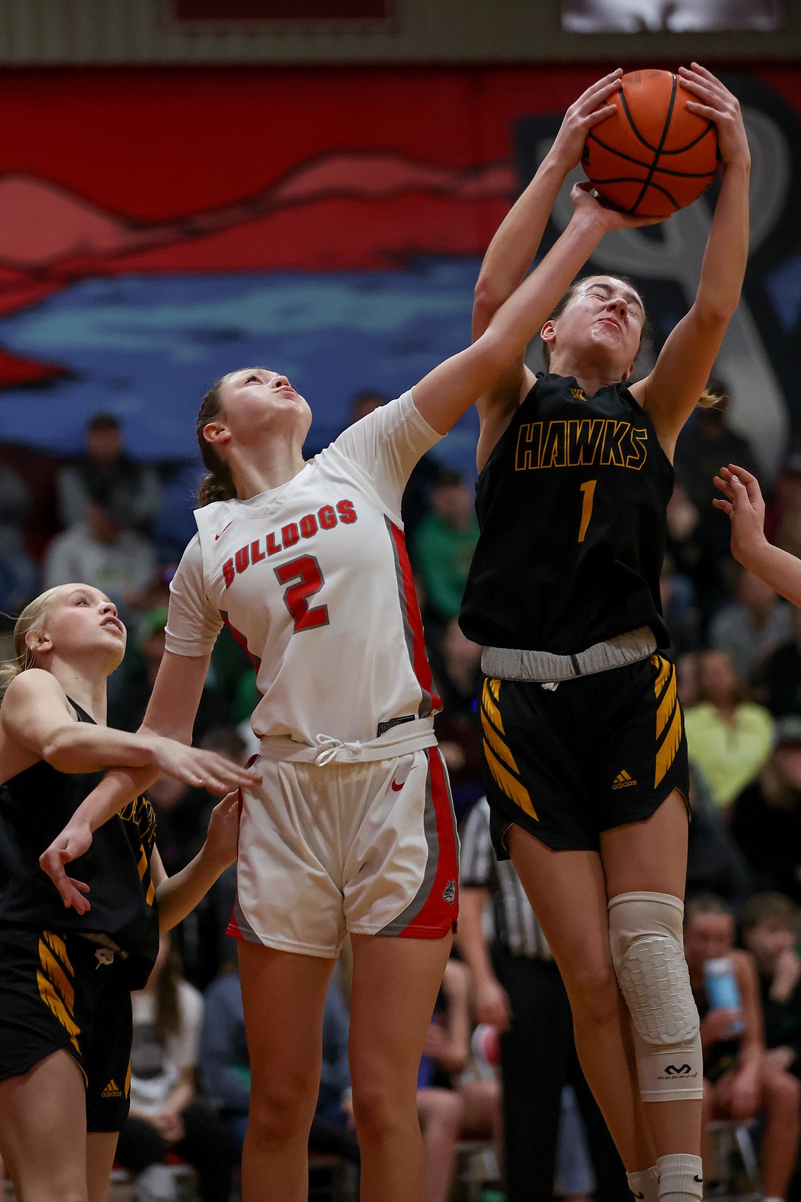 JASON DUCHOW PHOTOGRAPHY
Demi Driggs (2) of Sandpoint and Karstyn Kiefer (1) of Lakeland battle for a rebound Saturday night in Sandpoint, in the deciding game of a best-of-3 series for the 4A Region 1 title.