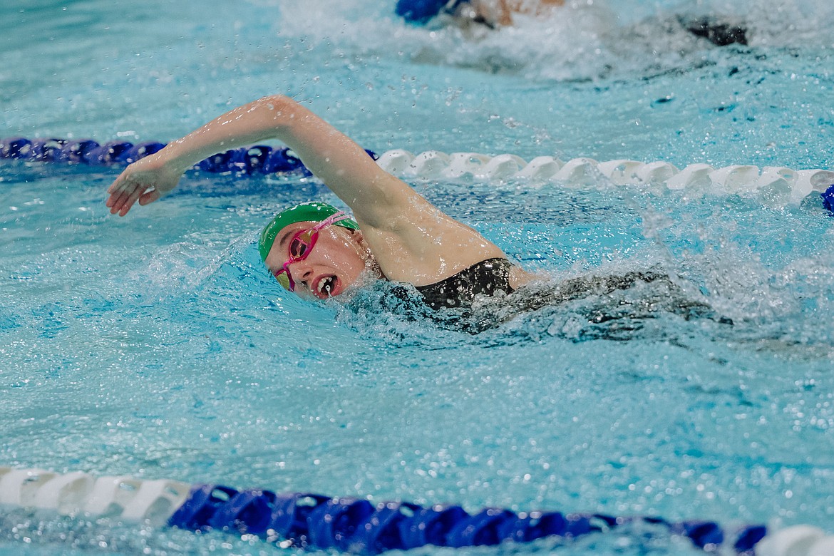 GLACIER’S MADELEINE McGAUGHY swam to a fourth-place finish in the 500 freestyle Saturday, and lowered her school record by six seconds (Photo by Matt Ehnes of Jared’s Detours)