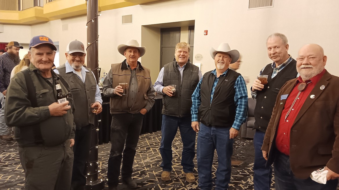 A strong contingent from Mineral County attend the Missoula Chamber of Commerce’s 52 Annual Ag Banquet at the Holiday Inn last Thursday. From left, Harvey Mead, Willy Peck, Roman Zylawy, Curtis Cochran, Sean Heyer, Kevin Donally and Denley Loge. This event is a salute to the people in western Montana who ‘get their hands dirty’ producing the Number 1 staple of life. And love doing it! (Monte Turner/Mineral Independent)