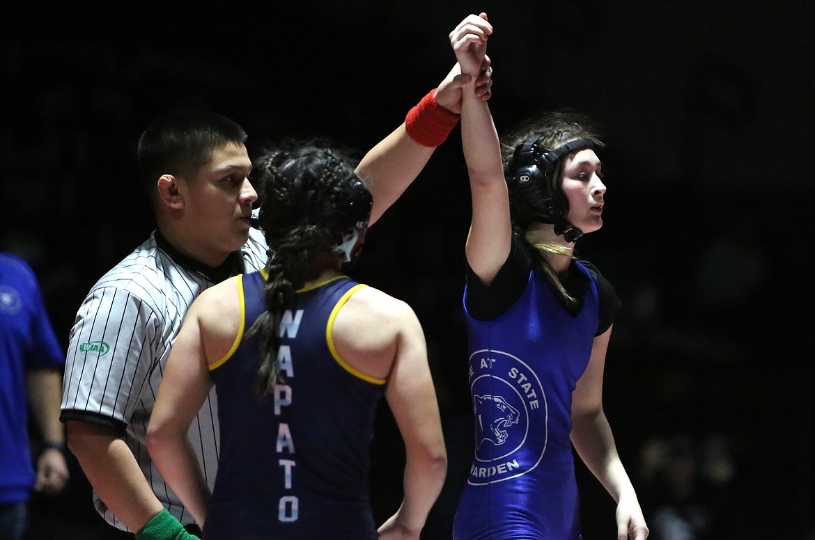 Warden senior Brianalee Martinez, right, won her finals match at Saturday’s 2A/1A/B Region 3 tournament in Toppenish.