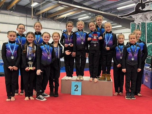 Courtesy photo
The second place Bronze team from GEMS Athletic Center at the 360 Winter Spirit meet Feb. 2-4 in Clarkston, Wash. From left are Liliahana Dunton, Ellie Hill, Isabel Lunneborg, Lily Fulton, Grace Ohlenkamp, Lauren Inglehart, Felicity Hammer, Evelyn Bowman, Myla South, Finley Rauscher, Stella Cahoon, Kristyn Frank, Reagan Zimmerman and Raelyn Hazen.