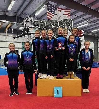 Courtesy photo
First place younger gold team from GEMS Athletic Center at the 360 Winter Spirit meet Feb. 2-4 in Clarkston Wash. From left are Kallyn O'Brien, Raya Batchelder, Baylee Mathews, Olivia Kiser, Hunter Bangs, Carsyn Horsley, Ensley Vucinich, Kona Hice, Lois Chesley and Hannah Batchelder.
