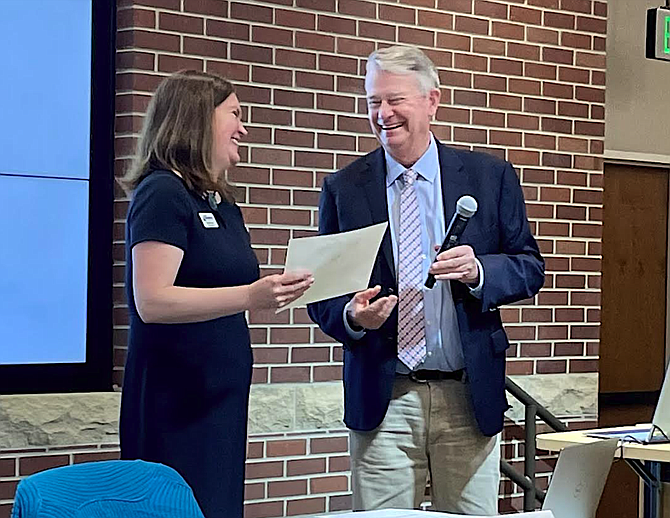 Gov. Brad Little recognizes Idaho Workforce Development Council Executive Director Wendi Secrist for her work on behalf of the Idaho LAUNCH program during a meeting of the council in June 2023.