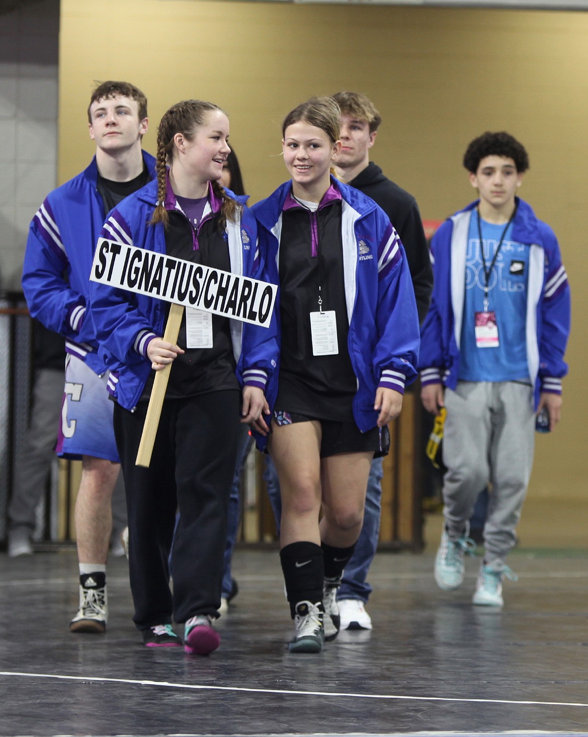 Aubrey Sharbono and Meadow Ragen (front) and Kai O Brian, Donovan Daniels and manager Kelby Dumont represented the Mission-Charlo squad at last week's State Wrestling Tournament in Billings. (Ellen Kaphammer photo)