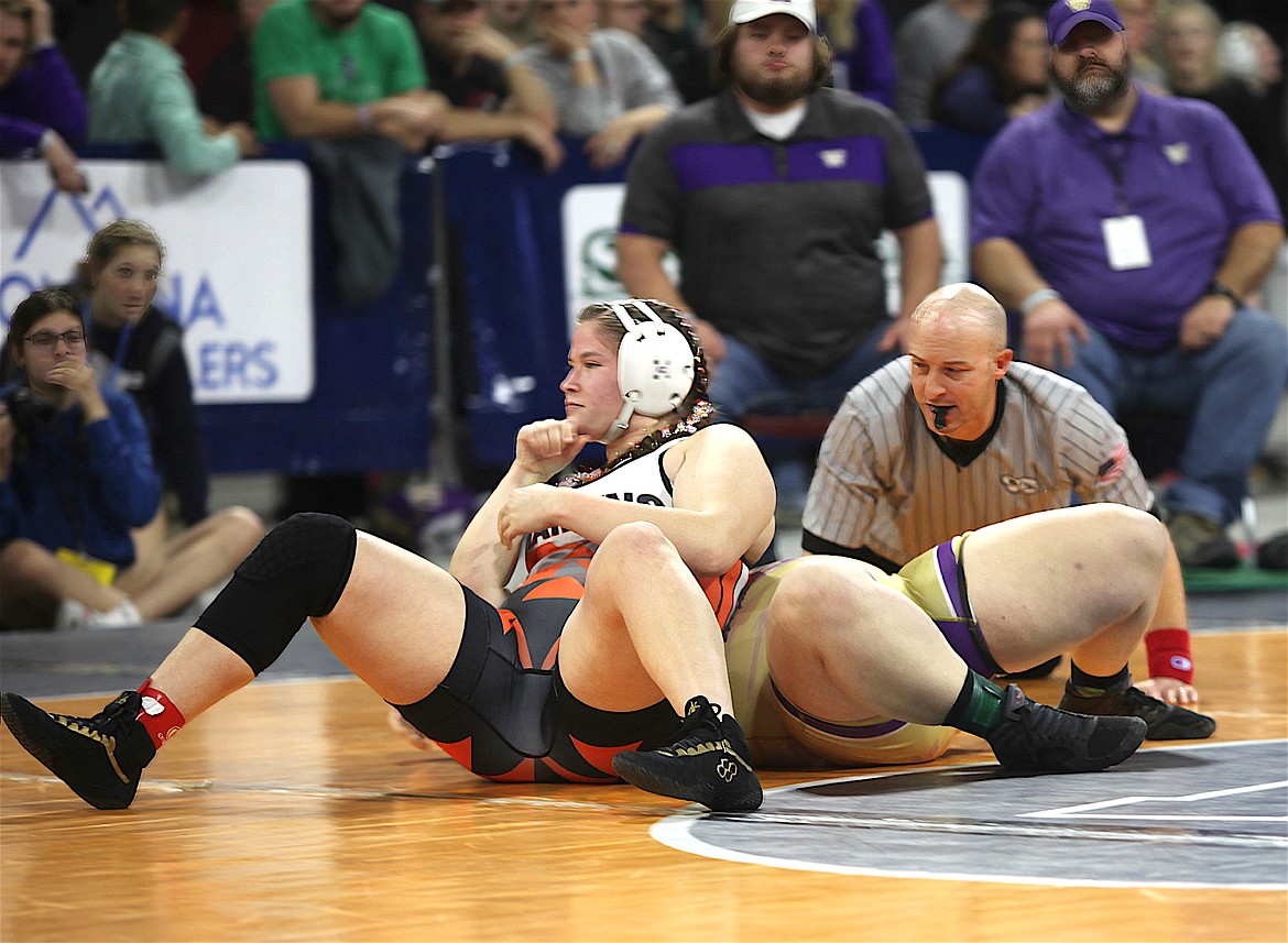 Maiden Tirza TwoTeeth was a state A-C champion for the second year in a row, wrestling 235 pounds. (Ellen Kaphammer photo)