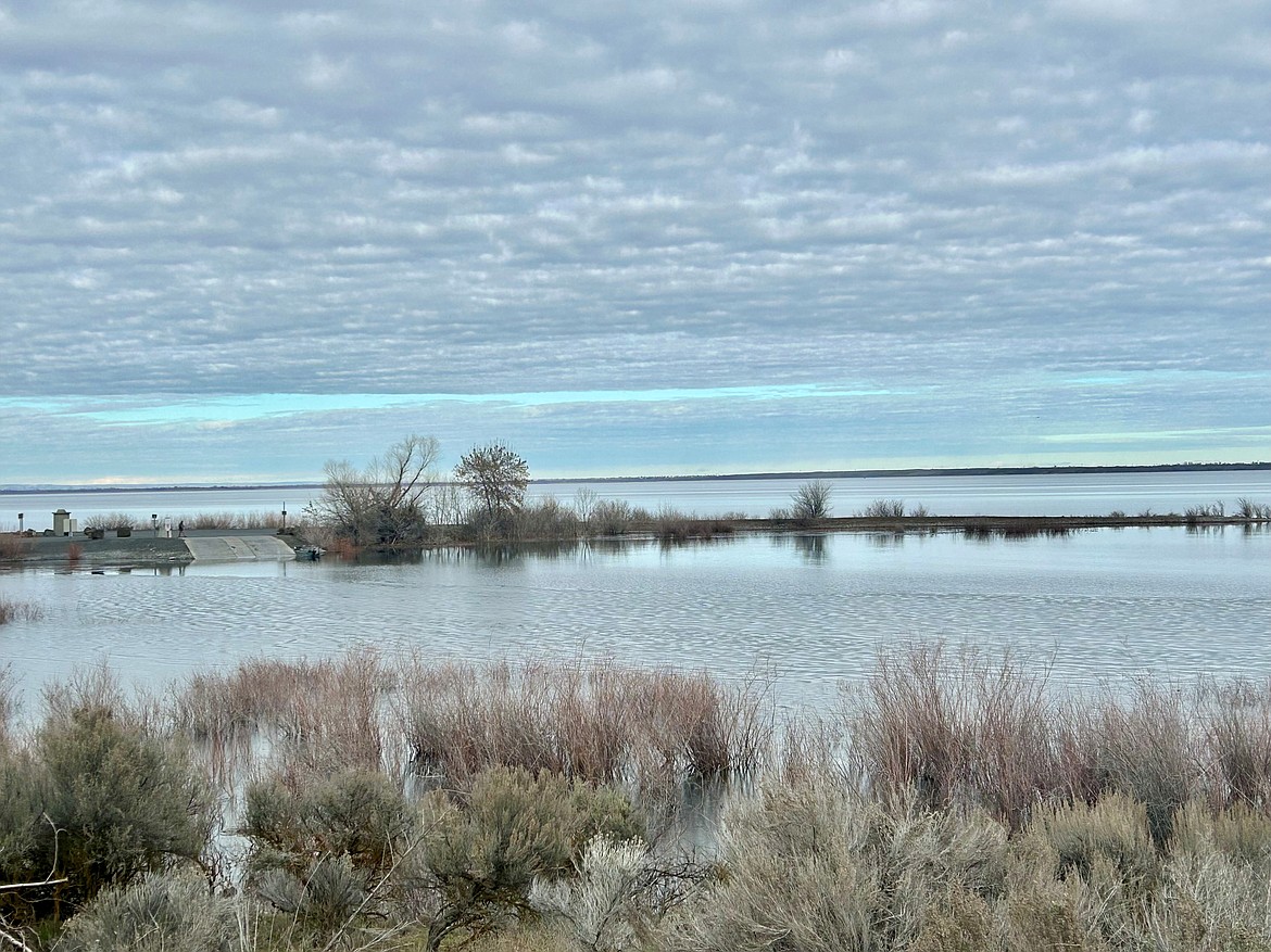 A view from the Blythe Bay section at MarDon Resort looking over to the Blythe Bay boat launch. Potholes Reservoir is basically free of ice and fishing is beginning to pick up.