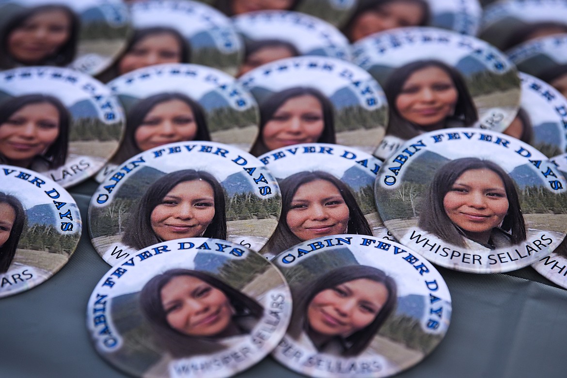 A pin honoring Whisper Sellars at Cabin Fever Days in Martin City on Saturday, Feb. 10. (Casey Kreider/Daily Inter Lake)