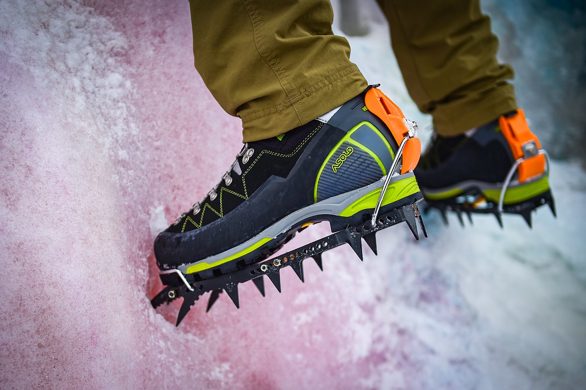 Jeff Birchfield's ice climbing crampons dig into the ice at Bad Rock Canyon on Saturday, Feb. 10. (Casey Kreider/Daily Inter Lake)