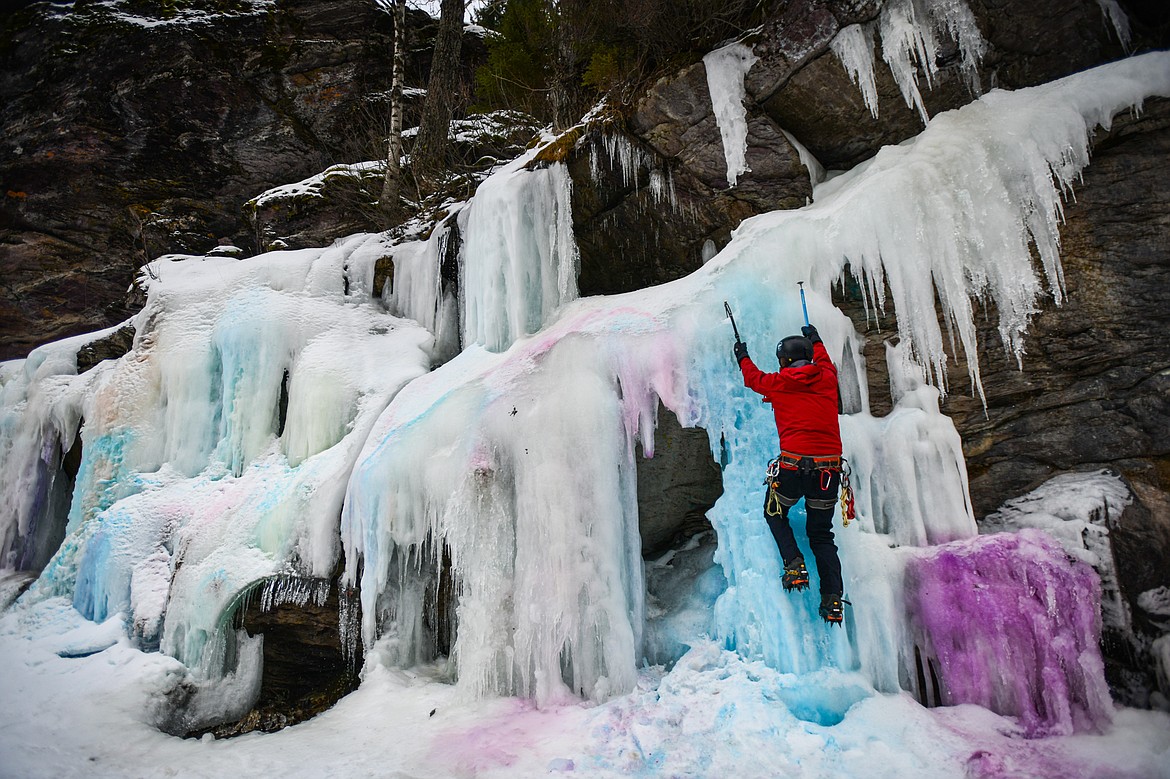 Dave Parker climbs the ice in Bad Rock Canyon on Saturday, Feb. 10. (Casey Kreider/Daily Inter Lake)