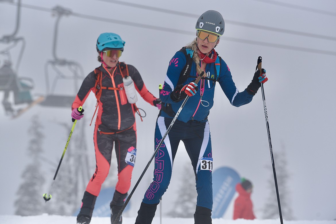 Alyssa Wendt skates away from the transition area atop Big Mountain at the Whitefish Whiteout skimo race on Saturday, Feb. 10, 2024. (Matt Baldwin/Whitefish Pilot)